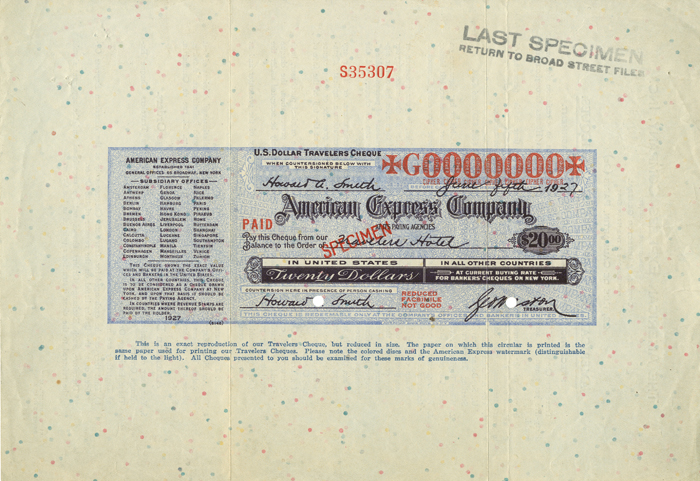 American Express Co. - Specimen Travelers Cheque/Check